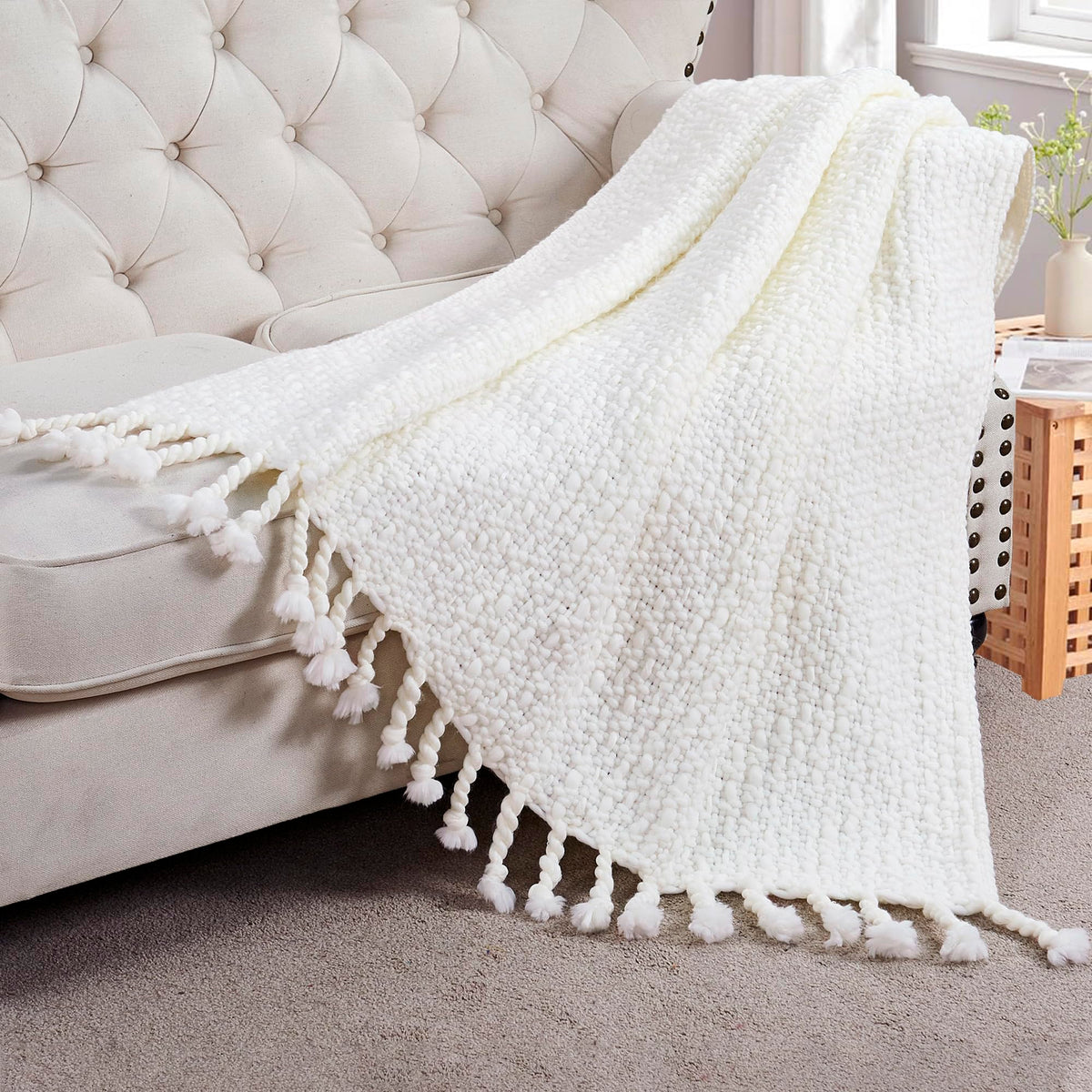 Chunky Knit Throw Blanket with Braided Tassels 50" x 60", Hand Knitted Soft Thick Yarn Basket Weave Boho Farmhouse