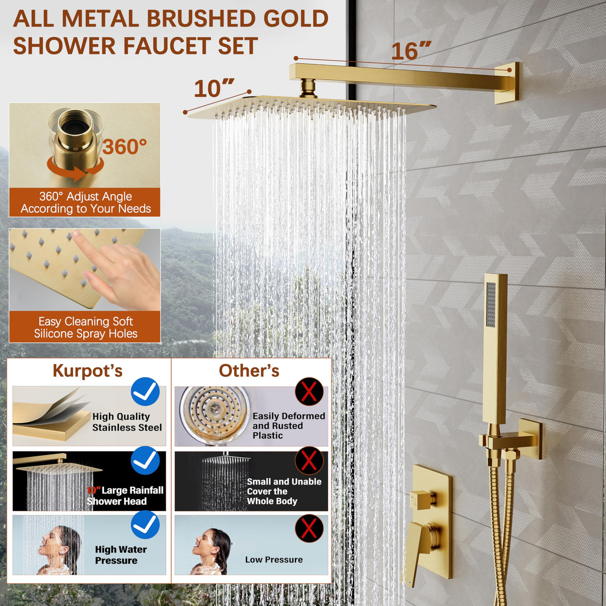 Gold Shower System, 10'' Gold Shower Head with Handheld Combo Spray