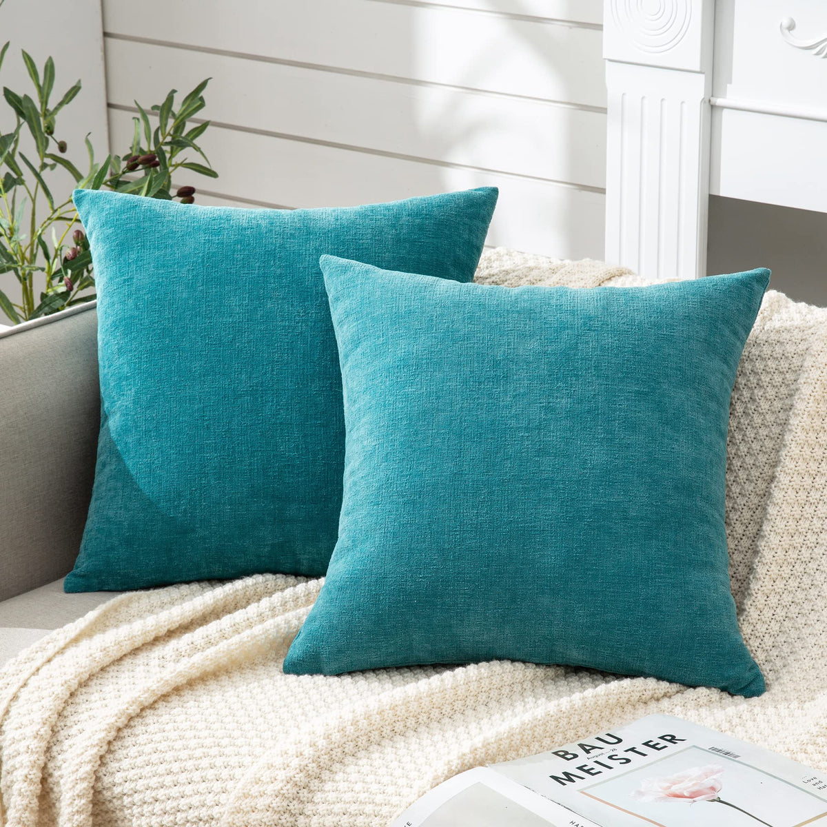 Decorative Square Throw Pillow Covers 22"x22" Inch Set of 2, Super Soft Chenille Pillows Farmhouse Fall Pillowcase