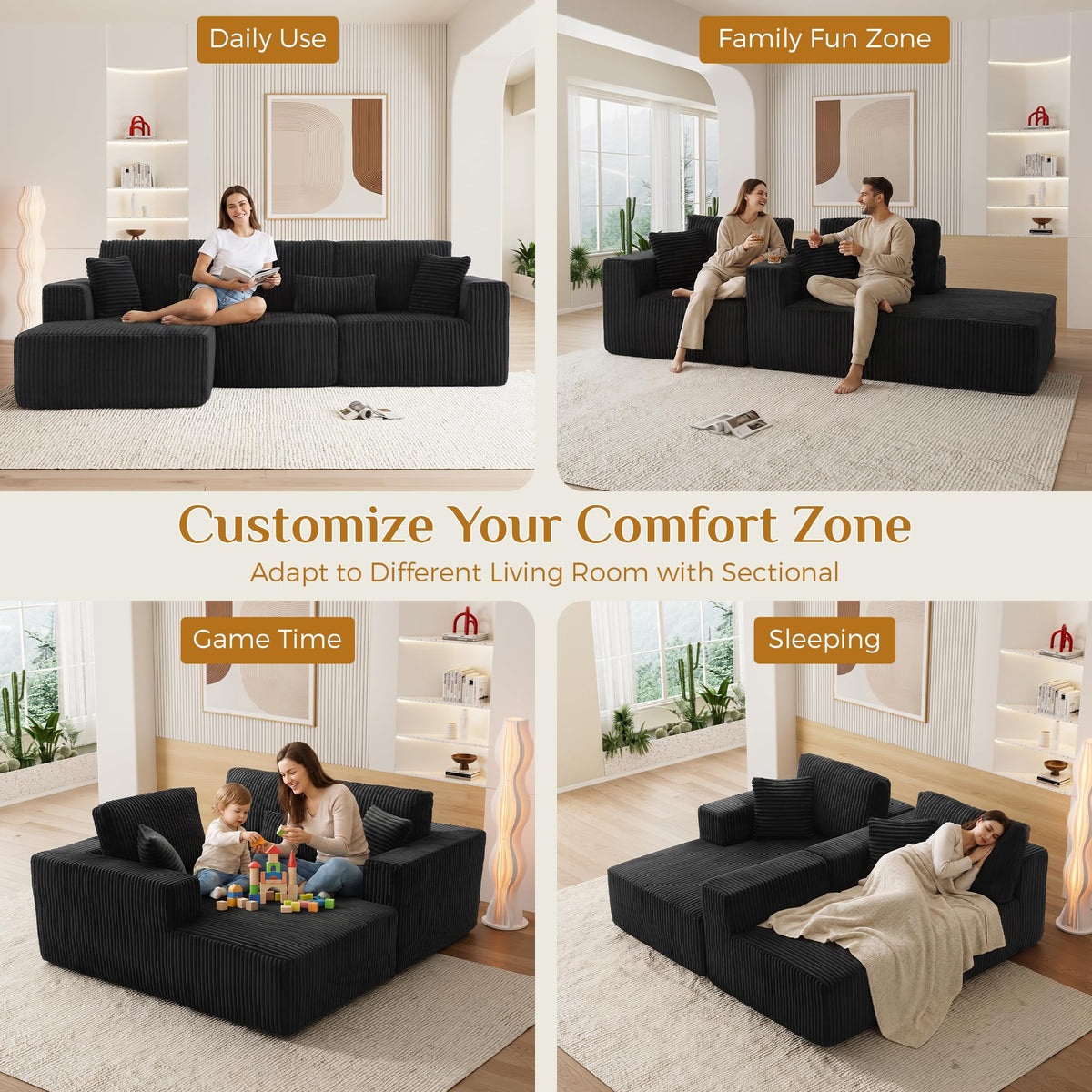 108" Boneless Cloud Sectional Couches, Comfy Fluffy L Shaped Memory Foam Deep Seat Boneless Couch, Modular Sectional