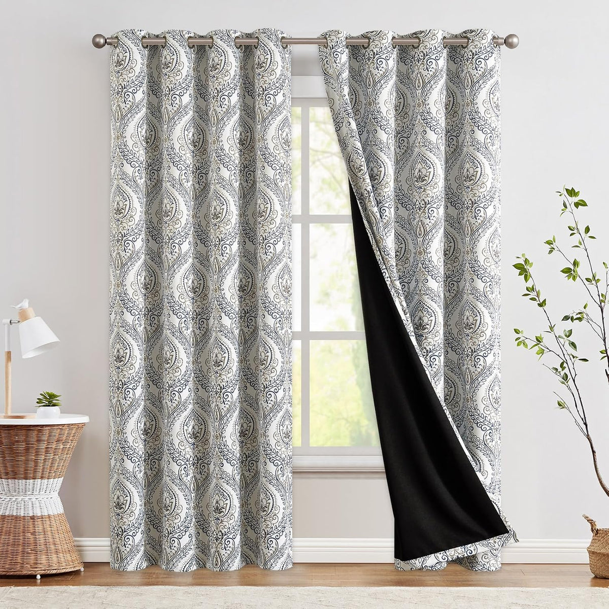 Blackout Curtains (Set of 2 Panels) Blue Damask Medallion Curtain for Bedroom Black Out Drapes Printed Vintage Luxury