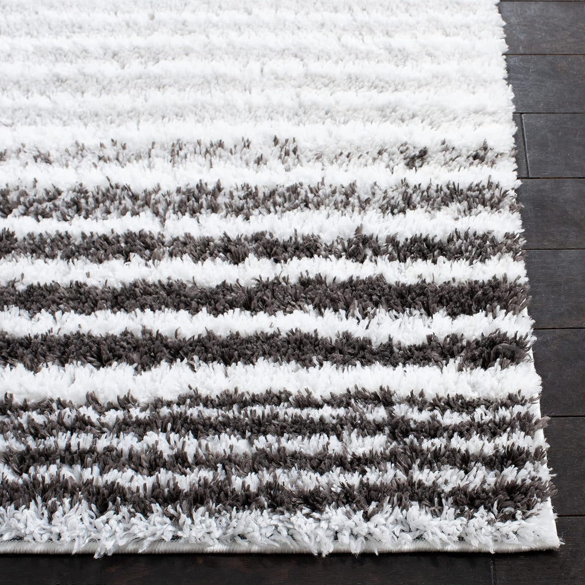 Berber Shag Collection Area Rug - 7' Square, Ivory & Grey, Stripe Design, Non-Shedding & Easy Care, 1.25-inch Thick