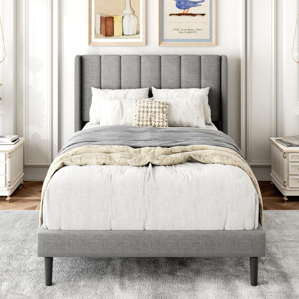 Twin Bed Frames with Wingback Headboard, Upholstered Platform Beds, No Box Spring Needed Sturdy Wooden Slat Support