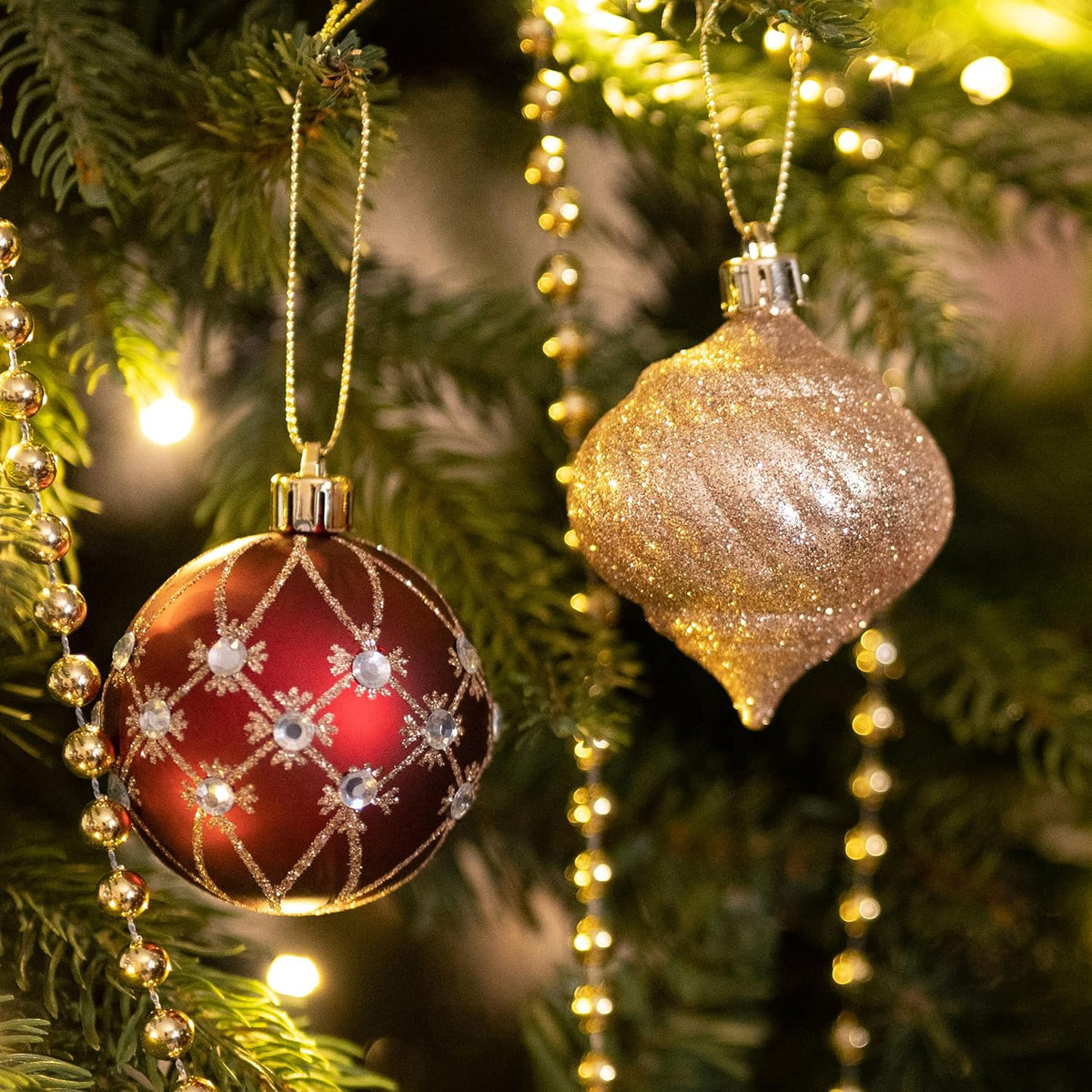 Christmas Tree Ornaments Set, 16ct Burgundy and Gold Shatterproof Christmas Tree Decorations&Lighted Christmas Angel