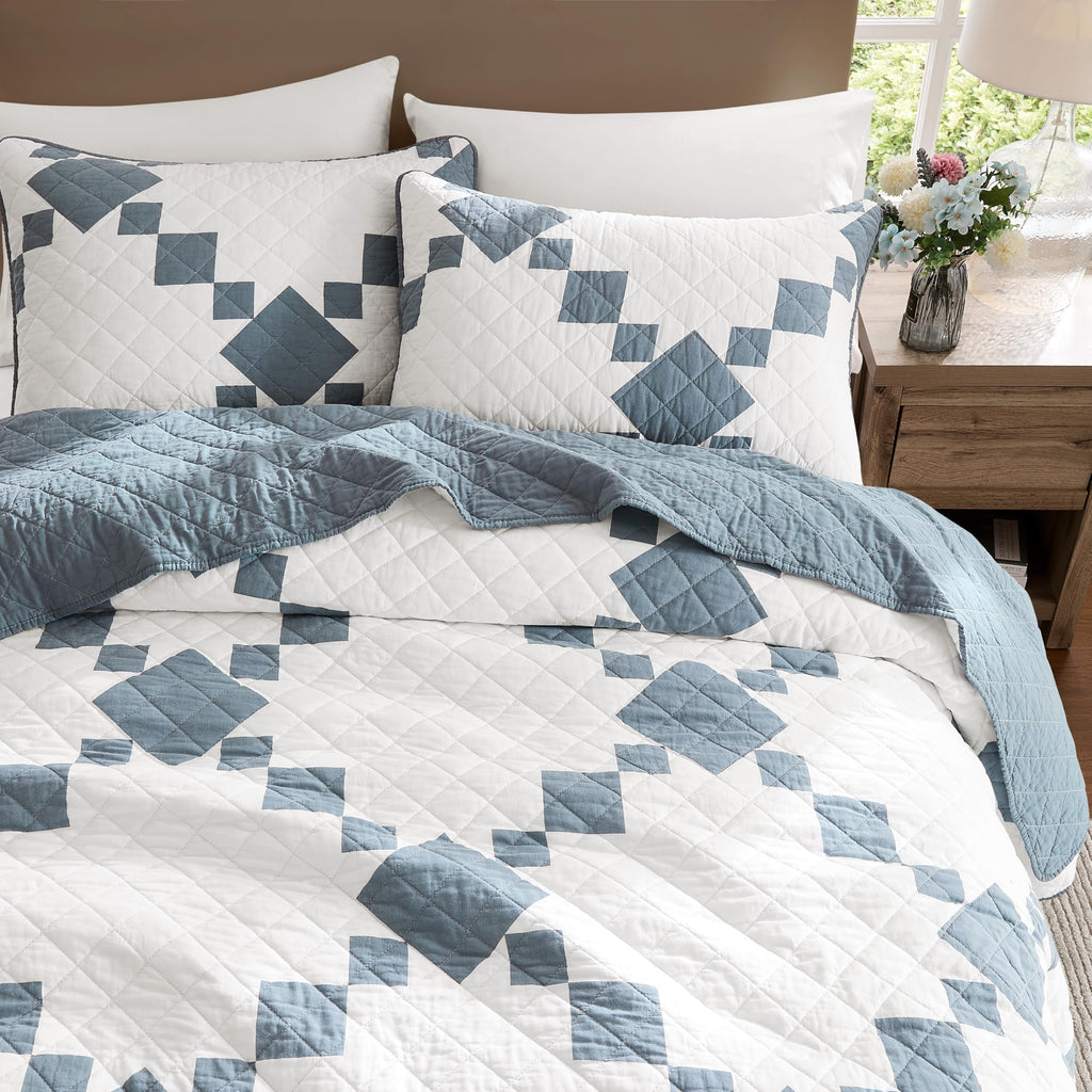 100% Cotton Quilt California, Oversized Lightweight Reversible Gingham Patchwork Bedding Set with 2