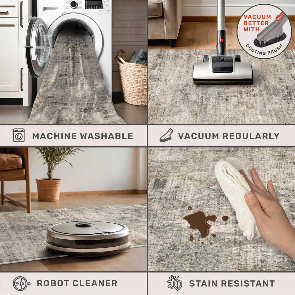 Taupe Runner Rug Indoor, Kitchen Floor Waterproof, Bathroom, Powder Room, Washable Non Slip Low Pile Stain & Fade