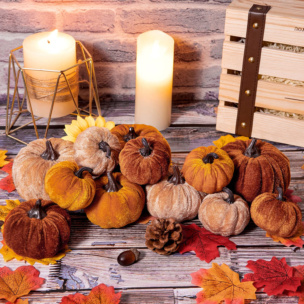 12Pcs Fall Faux Velvet Pumpkins Thanksgiving Harvest Artificial Fake Pumpkin Rustic Assorted Sizes Orange Brown Khaki