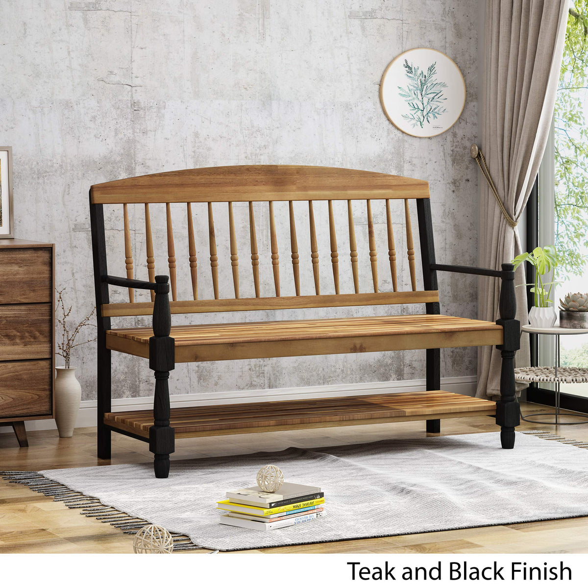 Eddie Indoor Farmhouse Acacia Wood Bench with Shelf, Teak and Black Finish