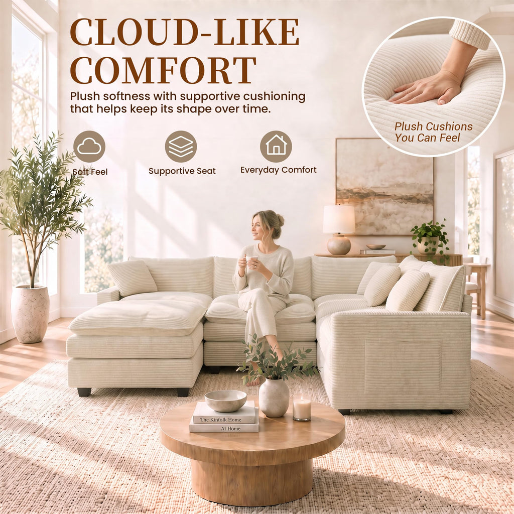 100" Modular Sectional Sofa, L-Shaped Cloud Couch with Ottoman, Beige