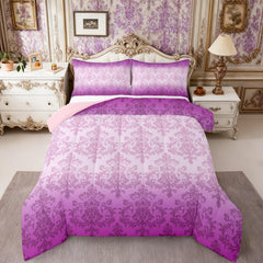 Pink White Damask Bedding Sets Full Size, Vintage Gothic Lace Floral Print Reversible Down Comforter Breathable