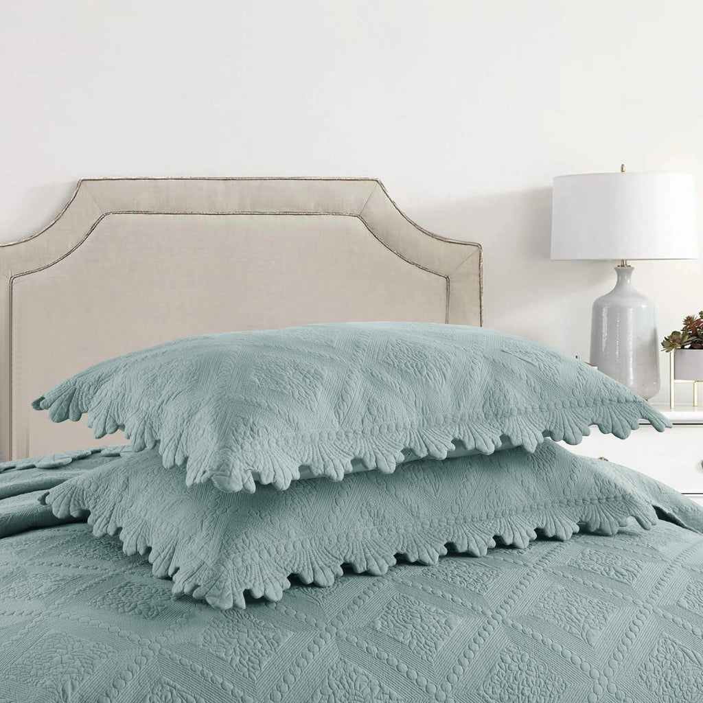 3-Piece 100% Cotton Oversized Bedspread Lightweight Quilt Coverlet Embroidery Farmhouse Bedding Set (Tk Aqua Green