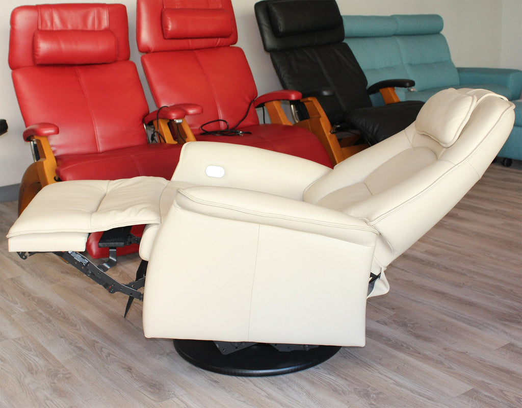 Small Power Recline Swivel Swing Relaxer Recliner Chair in Safari Astro Line Premium Leather
