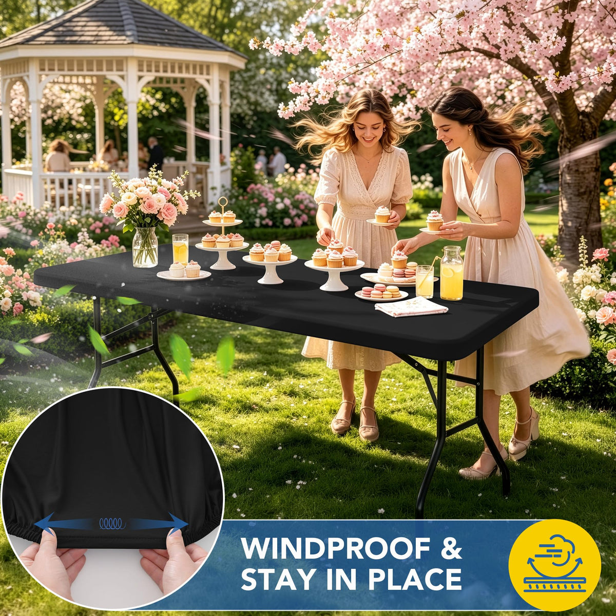 Fitted Tablecloth for 8 Foot Rectangle Tables-Black Picnic Table Covers