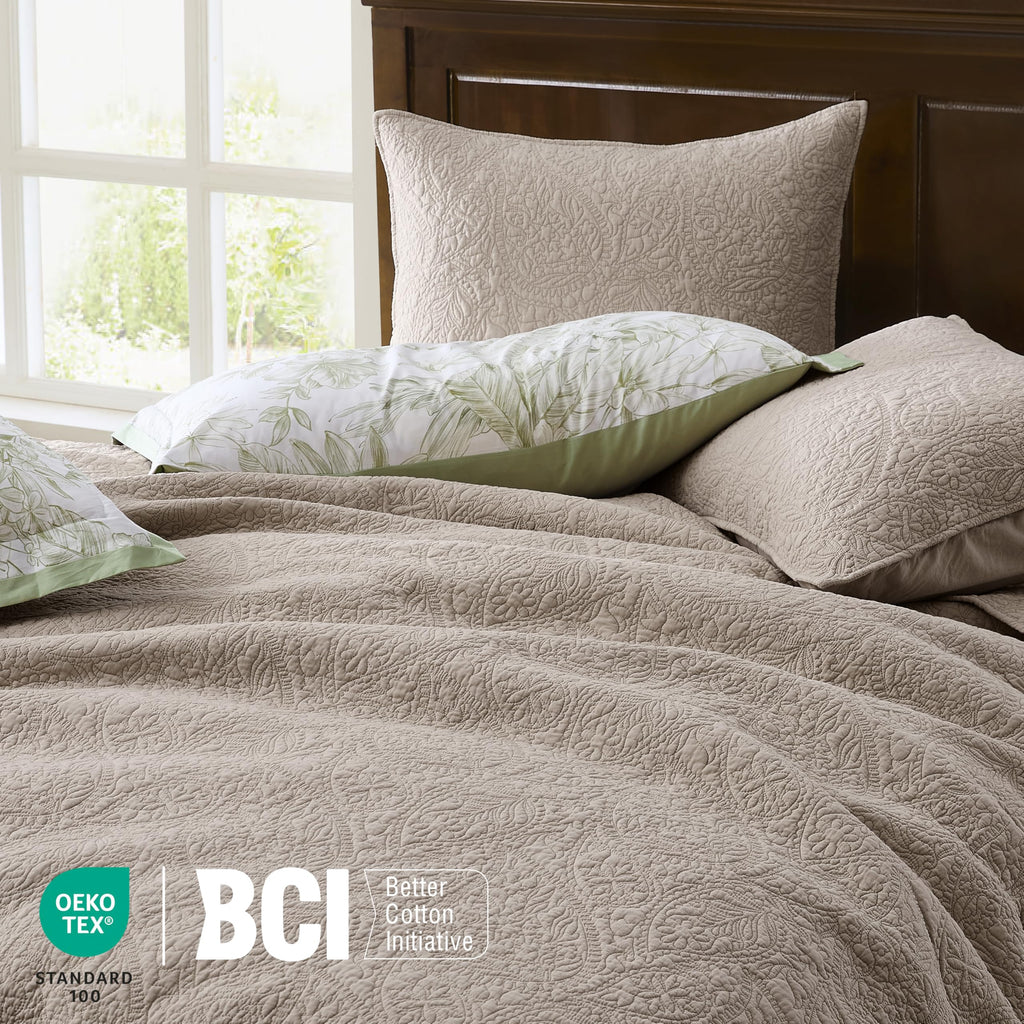 Queen 100% Cotton Paisley Quilt Bedding Set Beige Comforter