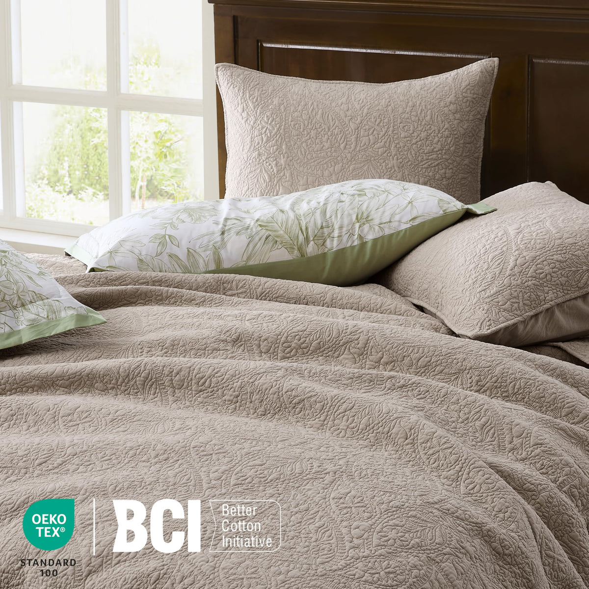 Queen 100% Cotton Paisley Quilt Bedding Set Beige Comforter