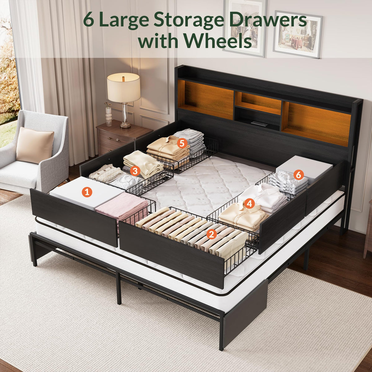 California King Size Bed Frame with 6 Storage Drawers and Headboard Wooden Platform Bed Frame with LED Lights and