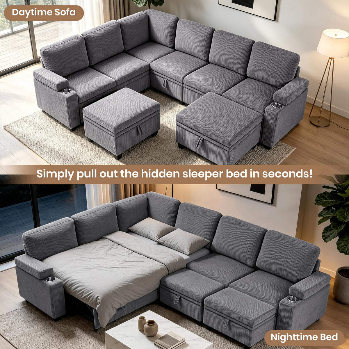 108" Modular Sectional Sofa Bed with Cup Holders, L-Shaped Pull Out Couch