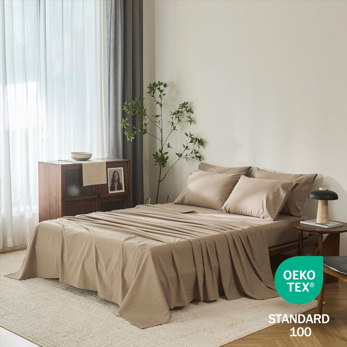 6Pcs Mocha Brown Solid Bedding Set 100% Washed Cotton