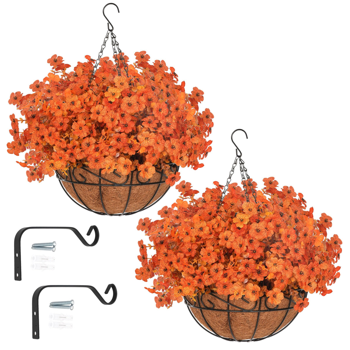 2 Set Artificial Fake Fall Mums Flowers Planter Hanging Basket for Outdoor