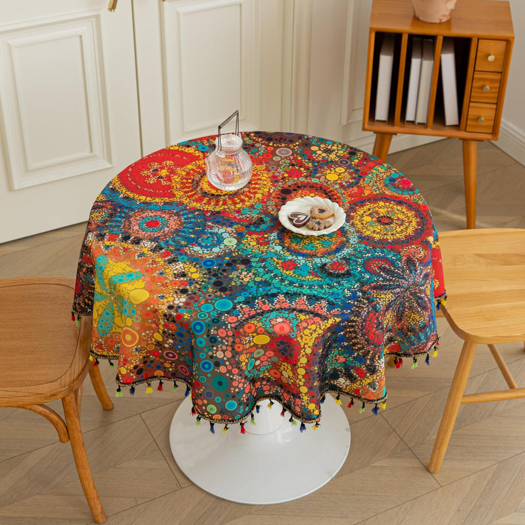 Boho Tablecloth for Round Tables, Fringed Edges with Geometric Pattern Tablecloths, Farmhouse Floral Table Cover Cloth