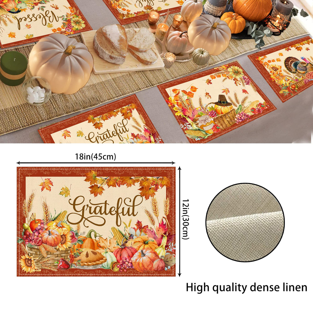 Thanksgiving Placemats Set of 6, Turkey Holiday Placemats Set of 6 12x18 Inch for Dining Table, Thanksgiving Place