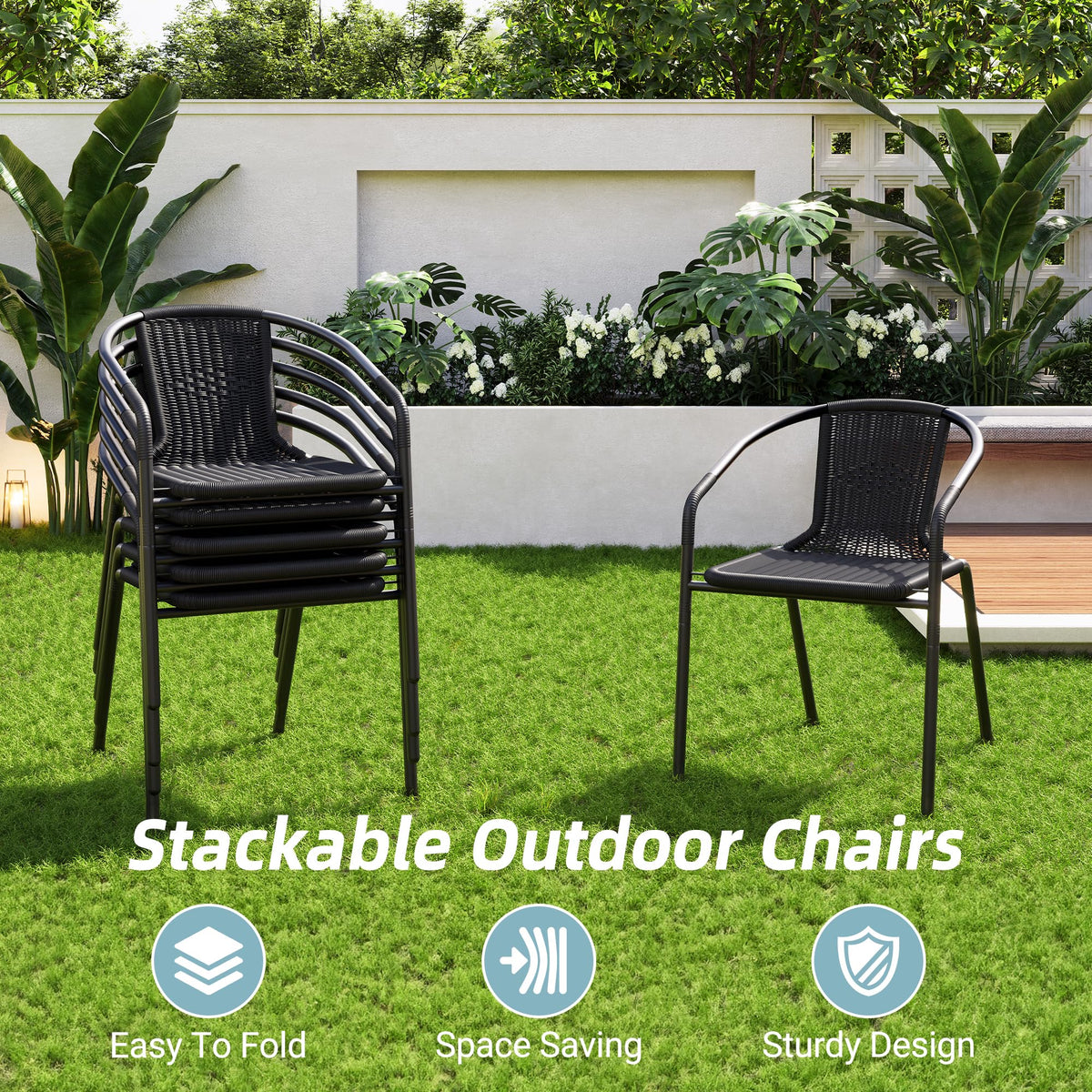 Outdoor Dining Chairs Set of 6, Rattan Stackable Patio Chairs