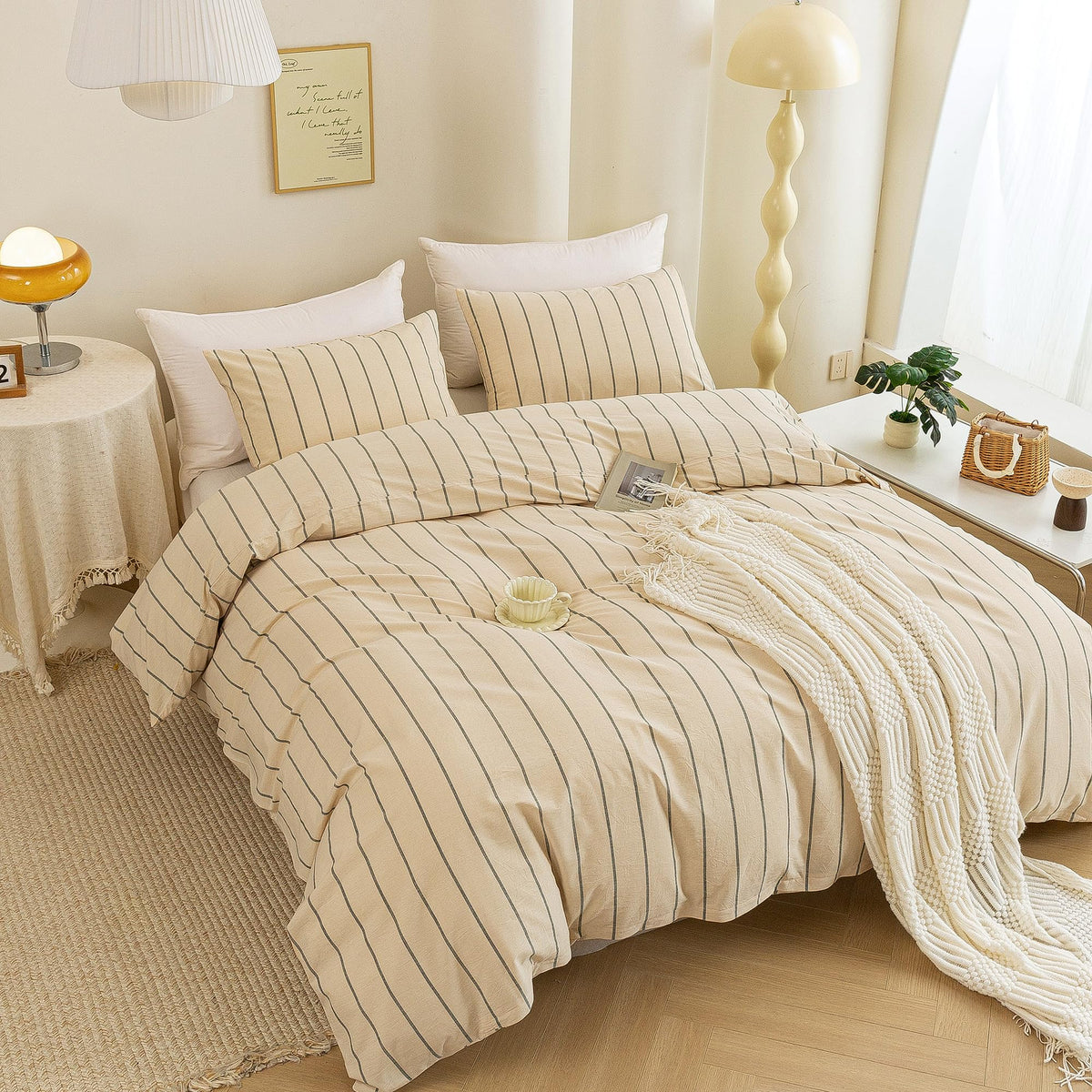 Cotton 3 Pcs Duvet Cover Set Linen Feel Vertical Stripe Queen
