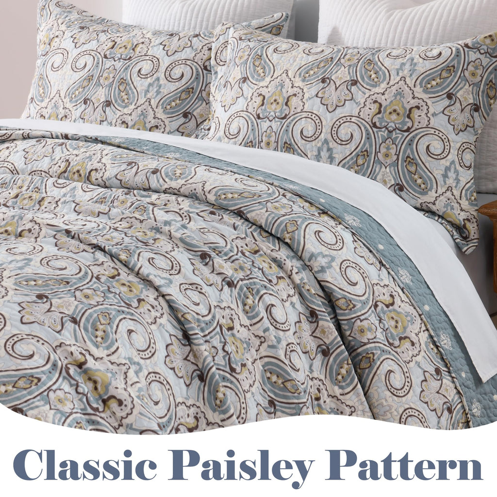 Paisley Quilt Set - 100% Cotton Bedding Blue/Gray/Taupe 3Pcs