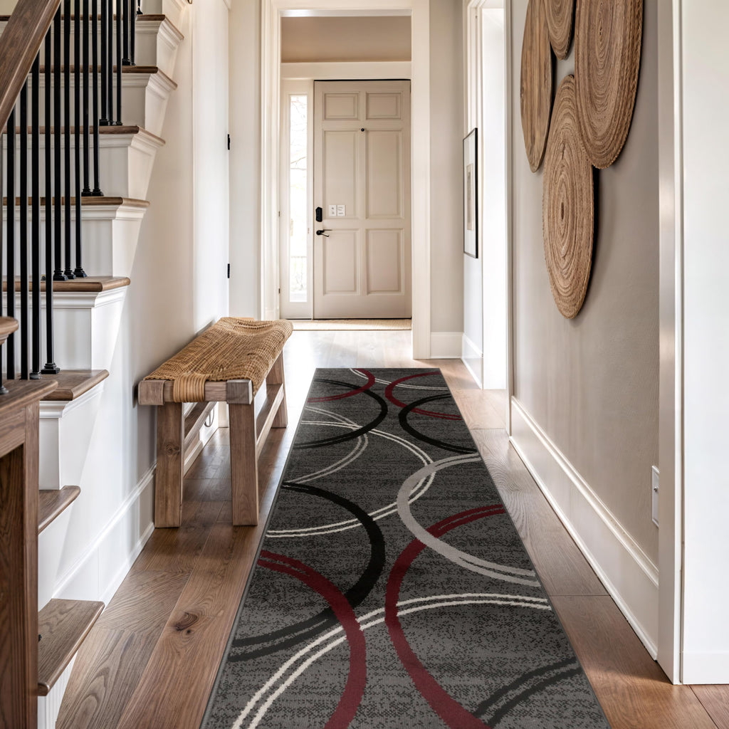 Wavy Circles Modern Non-Shedding Runner Rug Red 2'7" x 8'