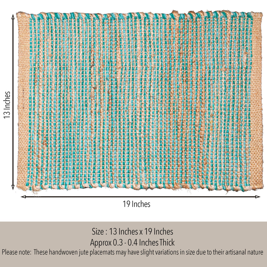 Natural Jute & Aqua Turquoise Placemats, Set of 4 - Rustic Handmade Boho Table Mats, 13x19 in Dining Table Placemats