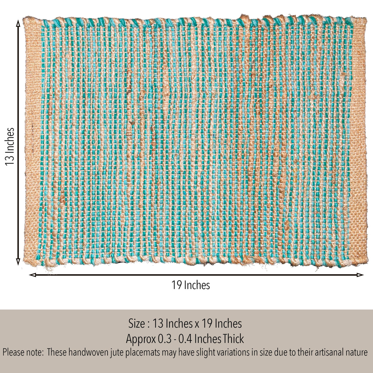 Natural Jute & Aqua Turquoise Placemats, Set of 4 - Rustic Handmade Boho Table Mats, 13x19 in Dining Table Placemats