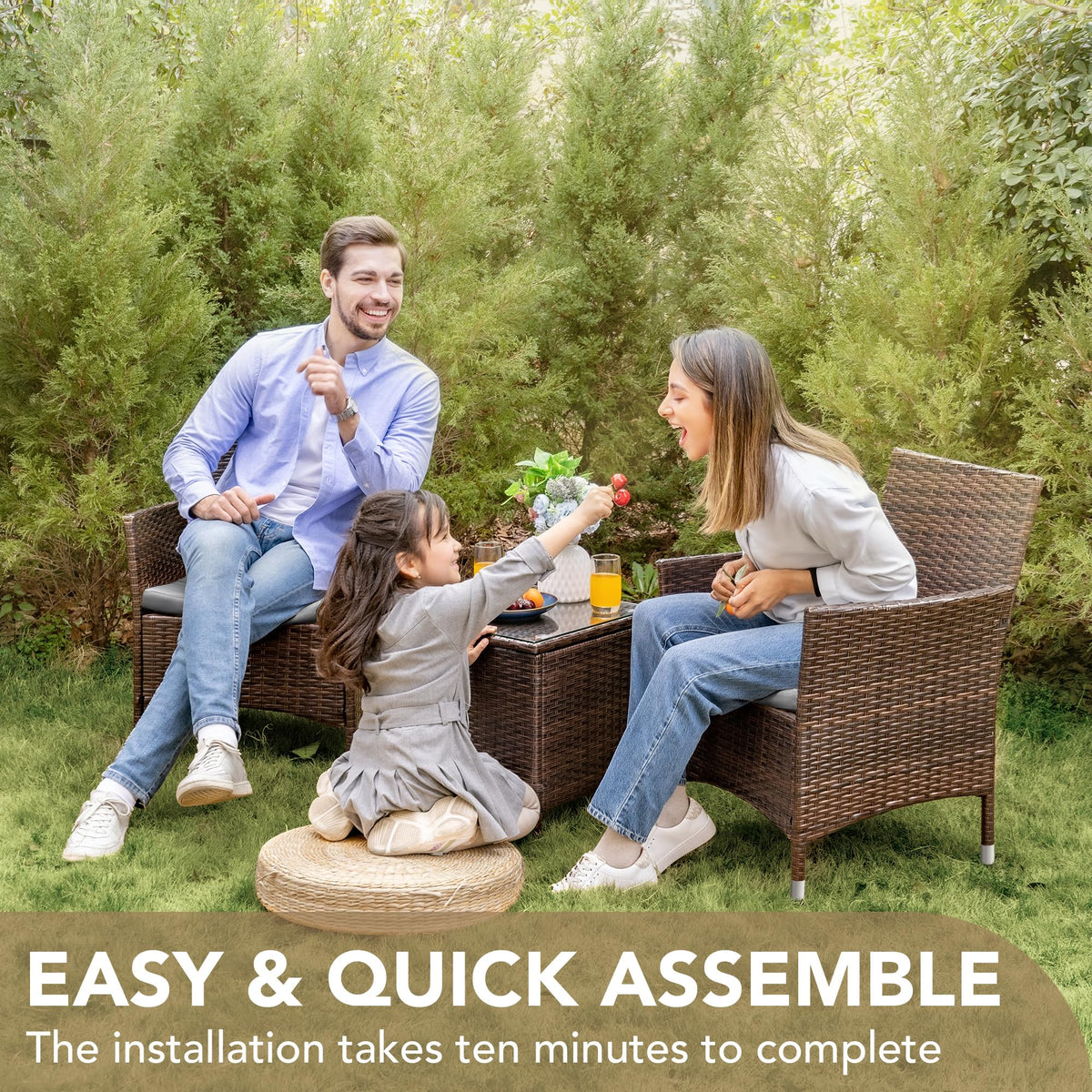 3 Piece Patio Furniture Set Outdoor Wicker Conversation (Grey)