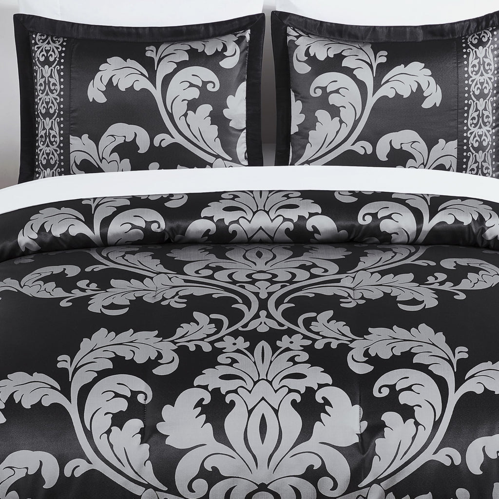 Valor 7-Piece Bed in a Bag, Black/Silver Luxury Jacquard Floral Comforter with Sheets Set for All Season