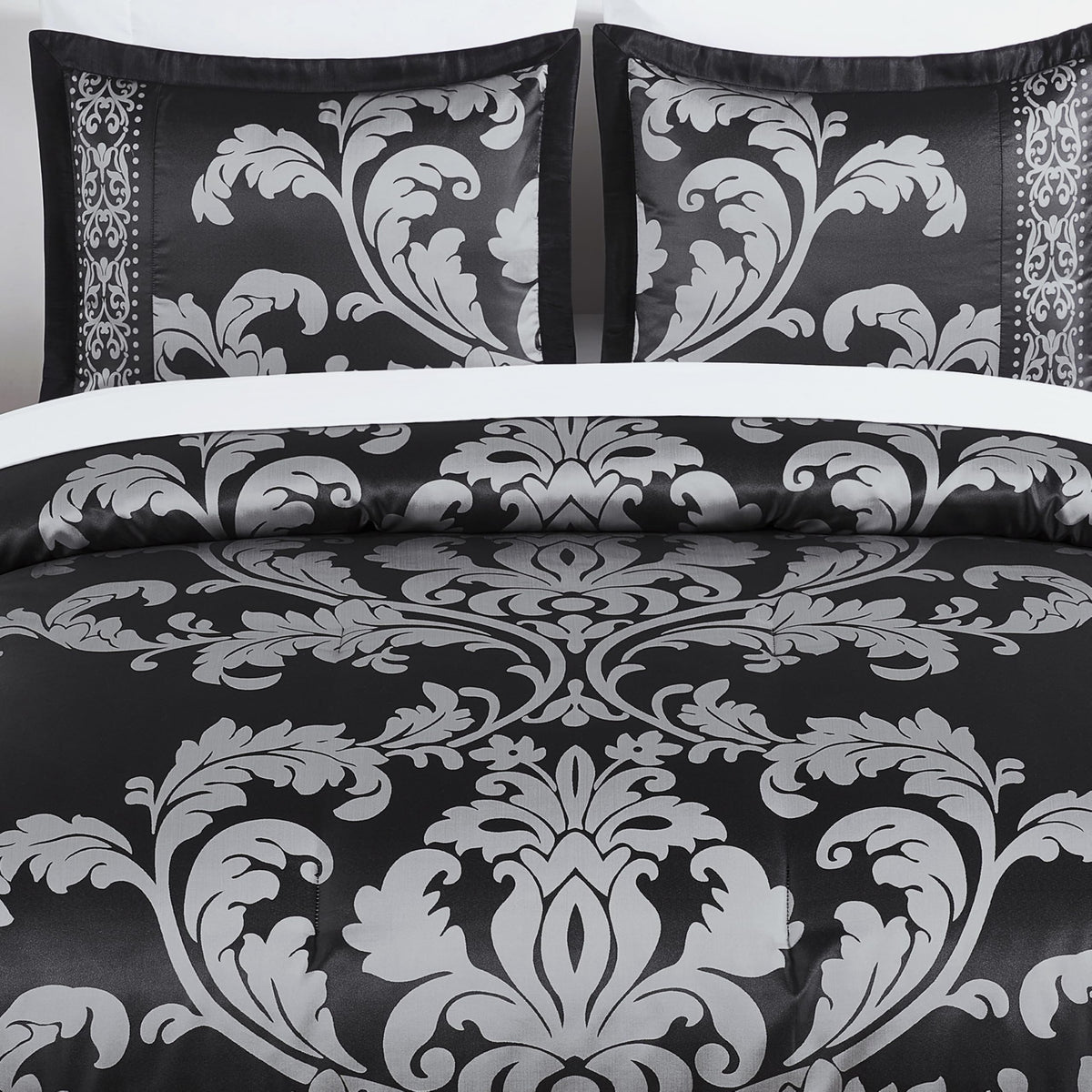 Valor 7-Piece Bed in a Bag, Black/Silver Luxury Jacquard Floral Comforter with Sheets Set for All Season