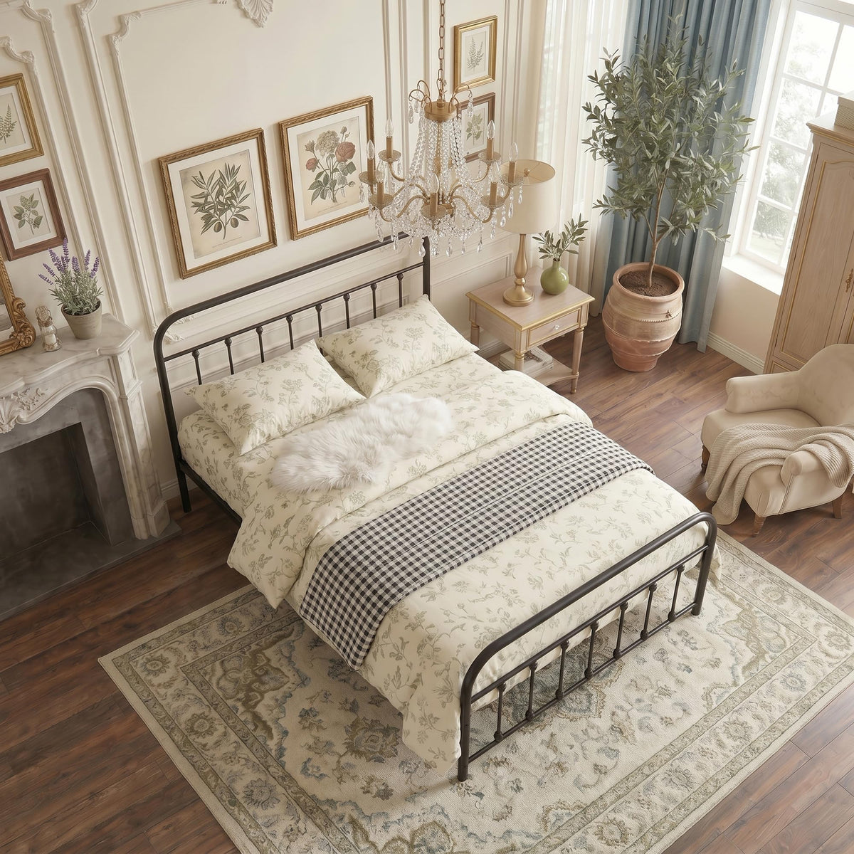 Black Metal Bed Frame with Vintage Headboard and Footboard, No Box Spring Needed, Premium Stable Steel Slat