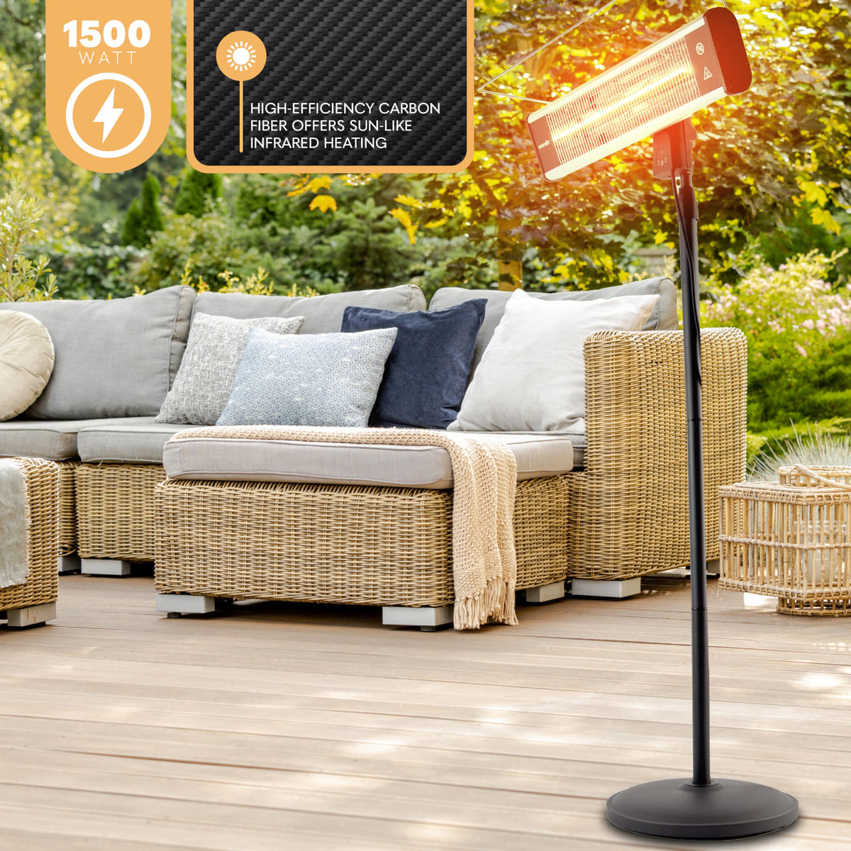 Infrared Patio Heater 1500W Electric Heater Indoor/Outdoor Use, Portable Stand with Remote Control, IP65 Approved