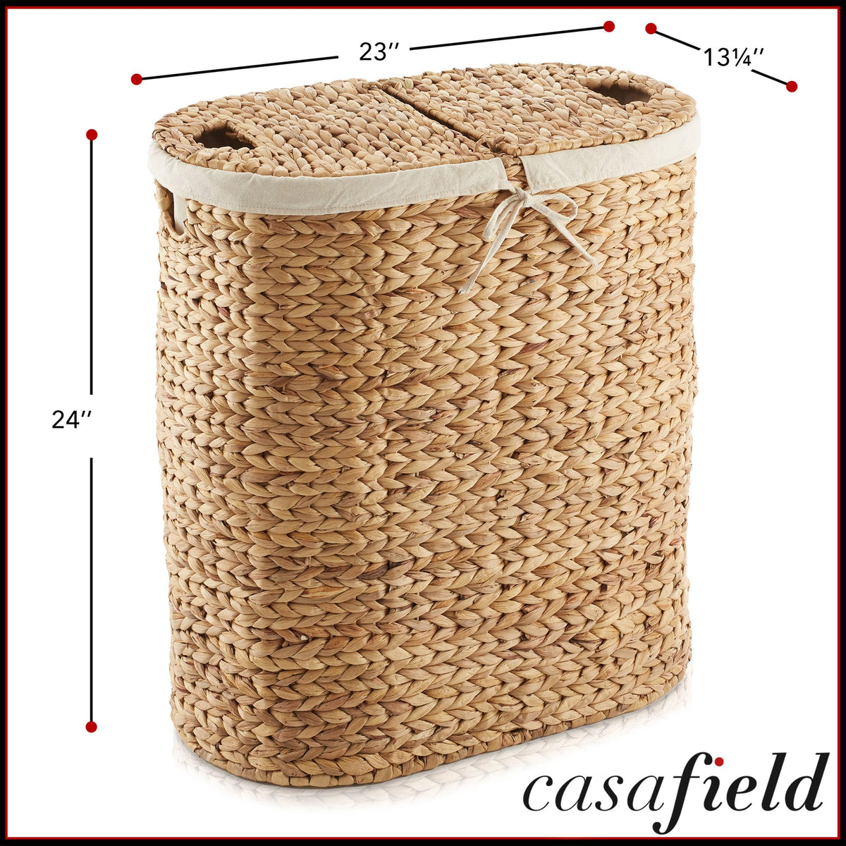Oval Laundry Hamper with Lids and Removable Liner Bags - Natural, Woven Water Hyacinth 2-Section Laundry Basket