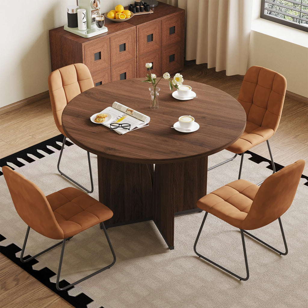 Inspired Saarinen Style Modern Round Dining Table Set for 4, 39.4" Walnut Kitchen Table with 4 PU Leather Chairs, 5-Piece Mid-Century Dining