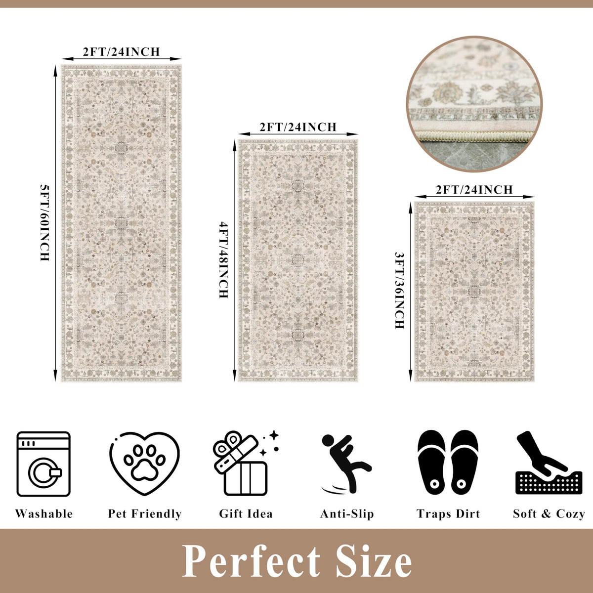 3-Piece Kitchen Rug Set of 3 with Runner - Non Slip Washable Boho Kitchen Mats for Sink, Floor, Entryway & Hallway