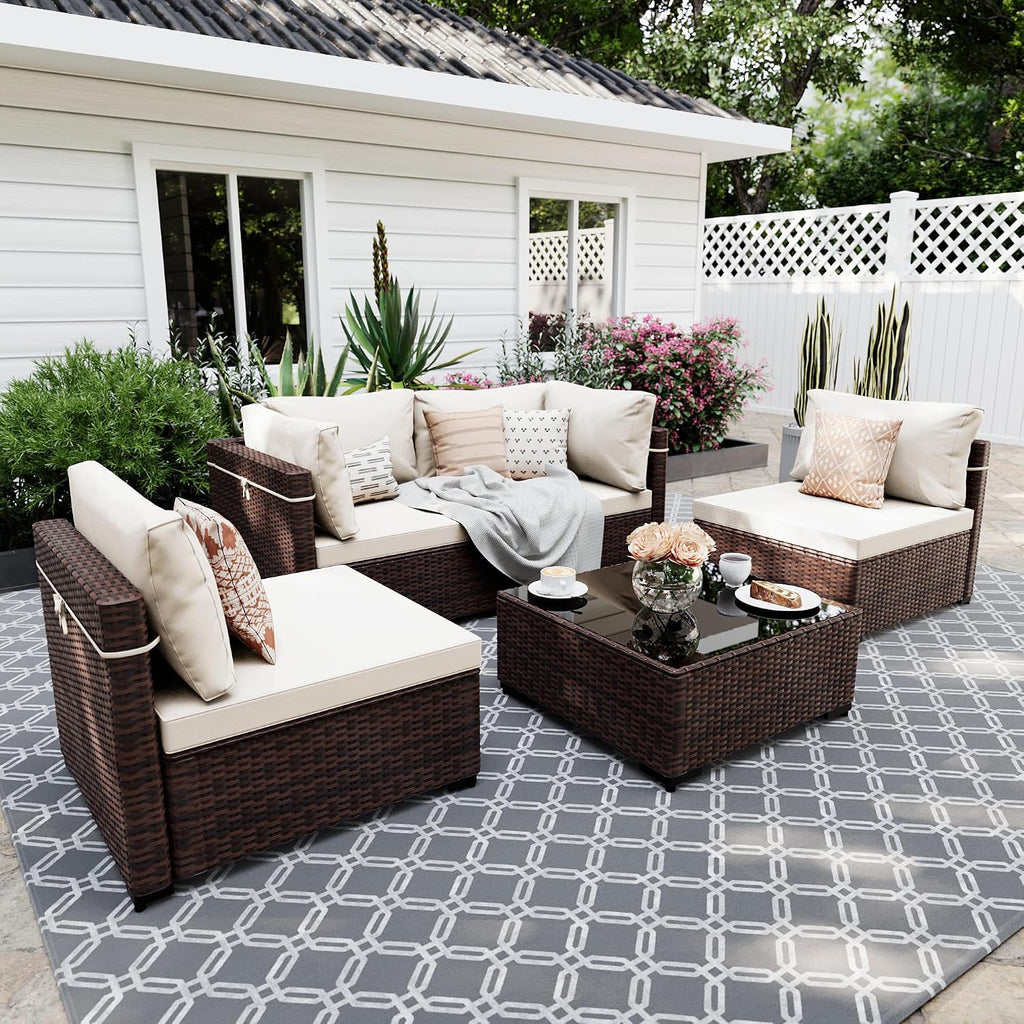 7-Piece Wicker Patio Furniture Set with Coffee Table, White | Outdoor sectional sofa set, patio conversation set for