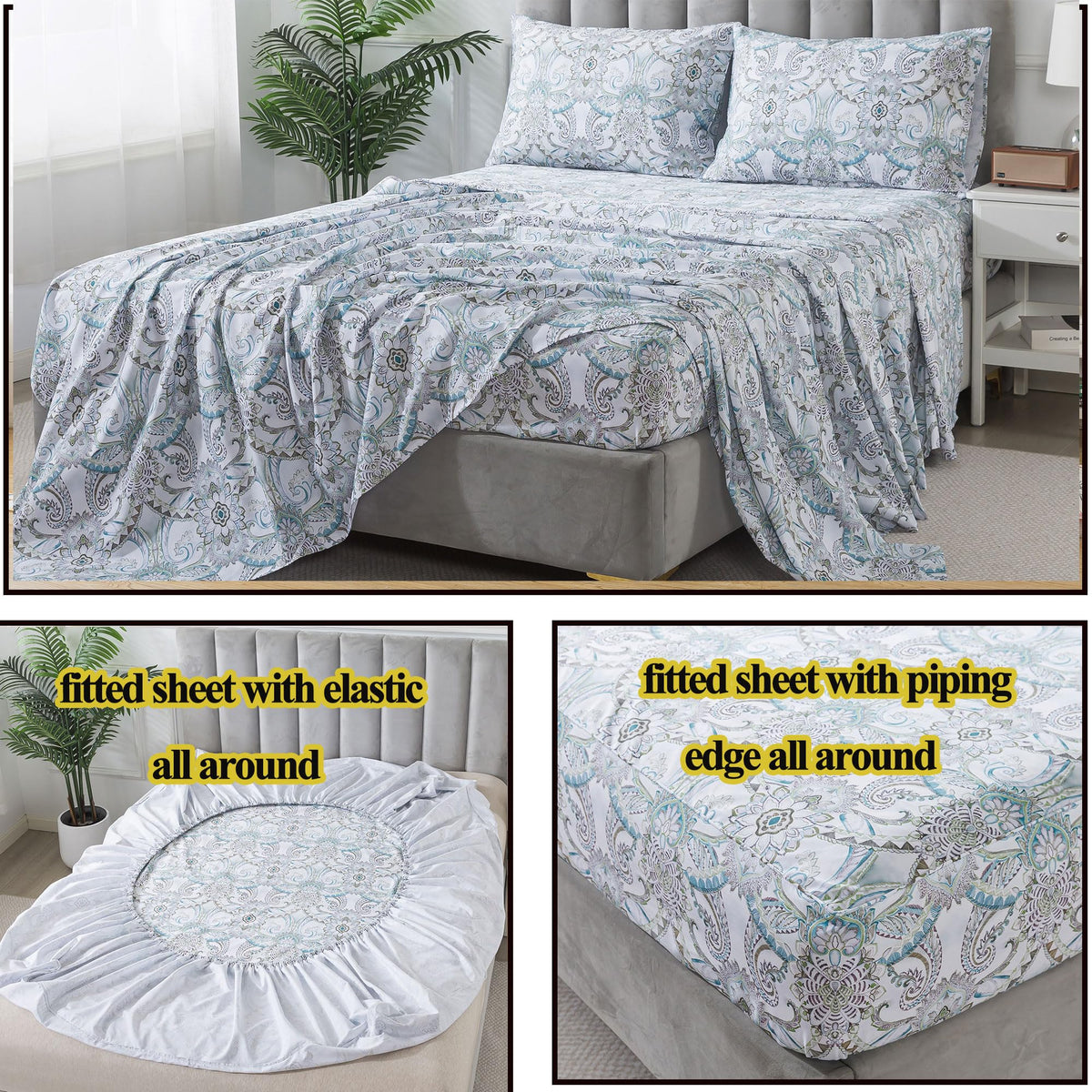 Blue Paisley Sheets Set Full Classic Boho Paisley Bedding Luxurious Bohemian Damask Paisley Bed Sheet Breathable 100%
