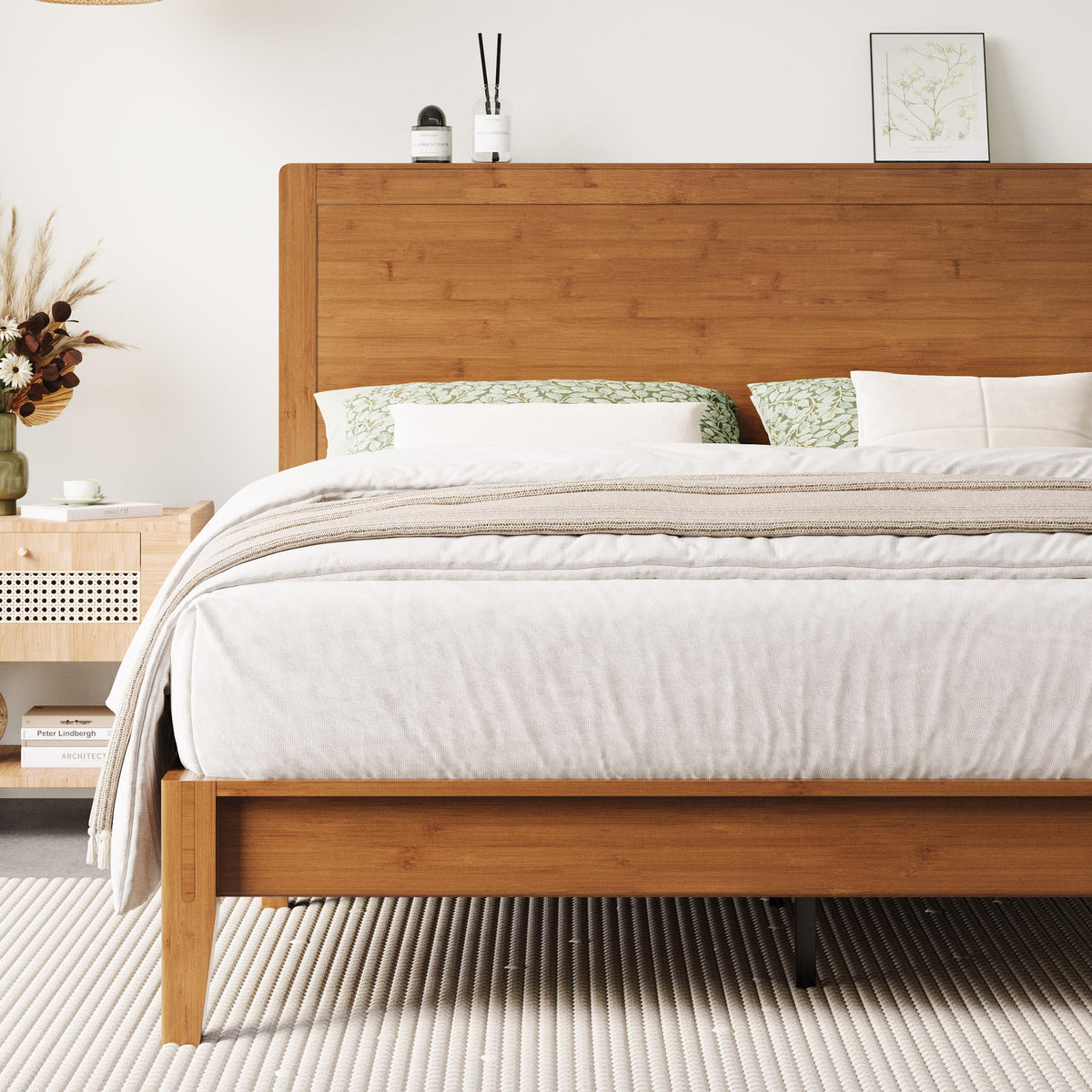 Bamboo Platform Bed Frame, Japanese Joinery, Rustic Brown