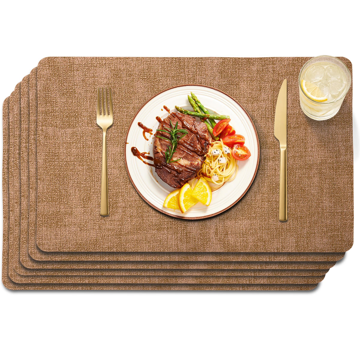 Faux Leather Placemats Set of 6, Easy to Clean, Brown