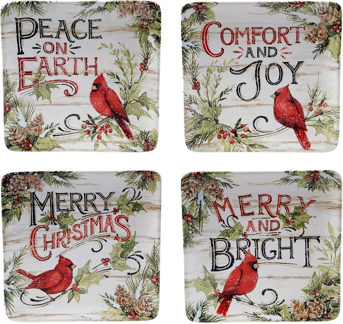 Evergreen Christmas Piece Dinnerware Set - Ceramic Holiday Plates, Bowls & Mugs with Cardinal & Script Design