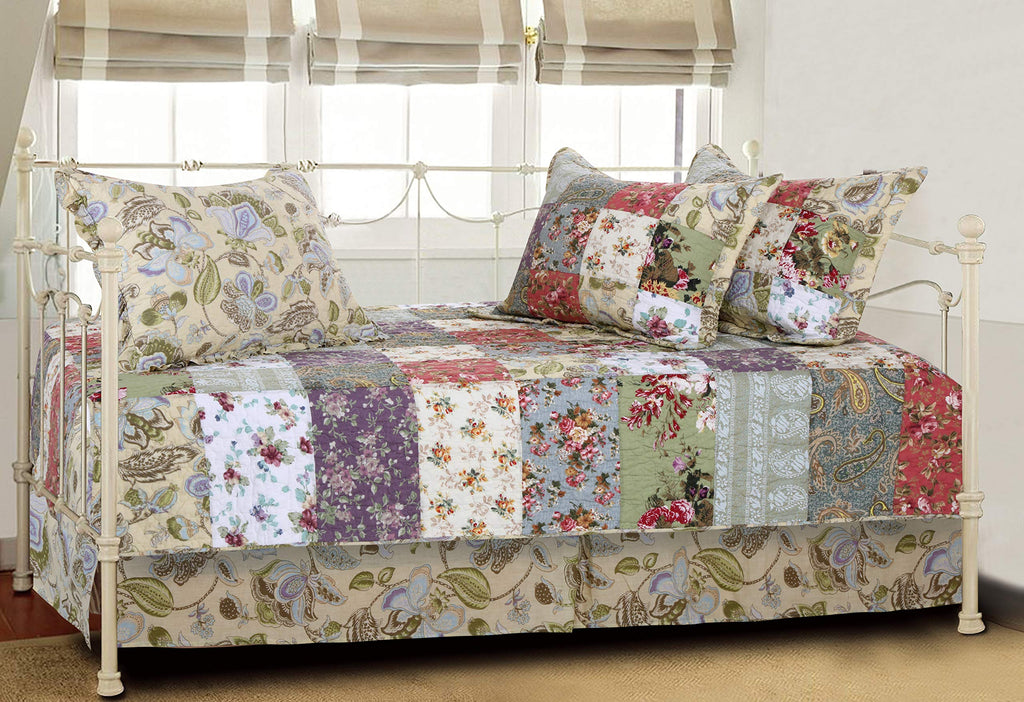 100% Cotton Authentic Patchwork Quilted Daybed Set, 5 Piece, Blooming Prairie