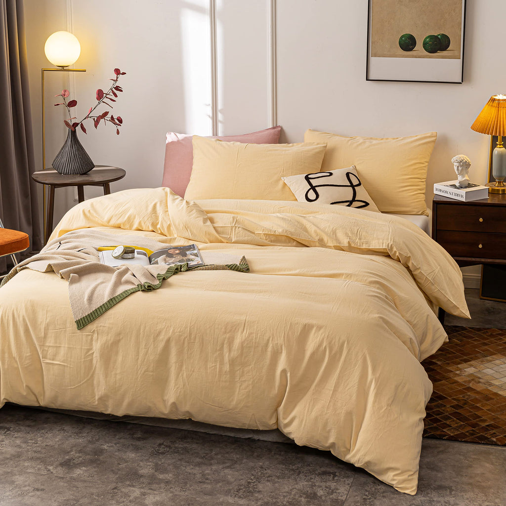 Washed Cotton Duvet Cover Ultra Soft 100% Cotton Solid Color Cream Yellow Duvet Cover Set with Zipper Closure