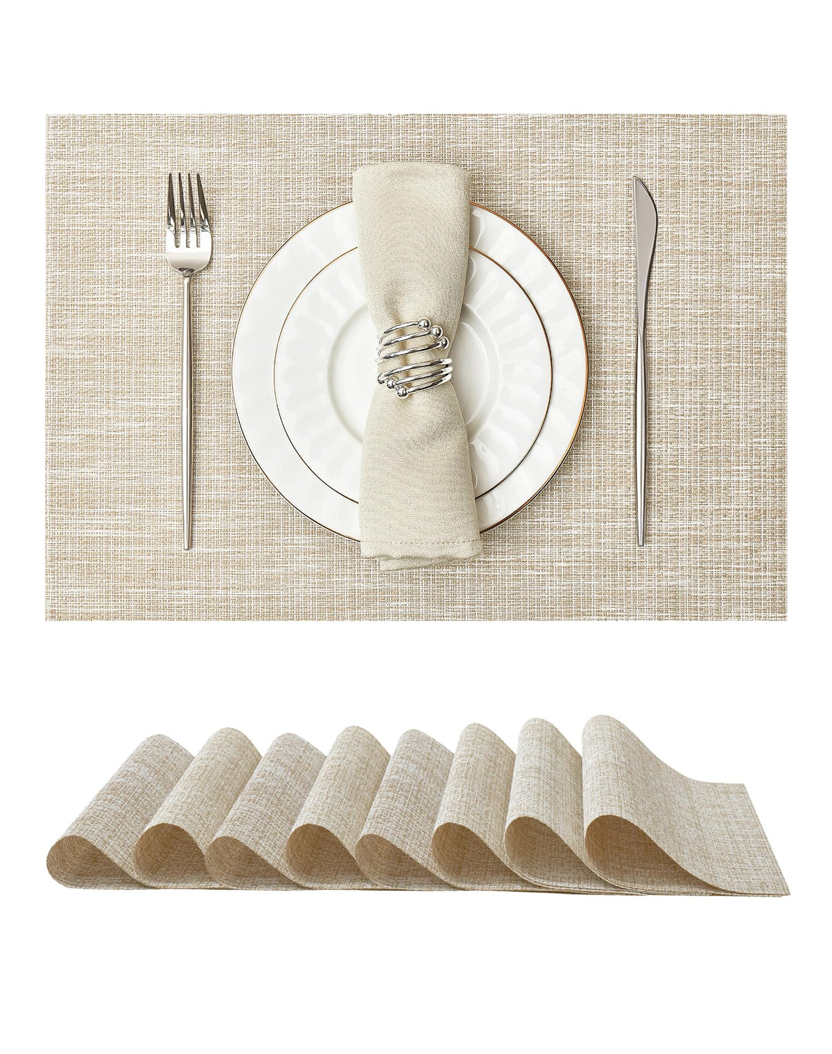Woven Vinyl Placemats Set of 8,Beige and Gold