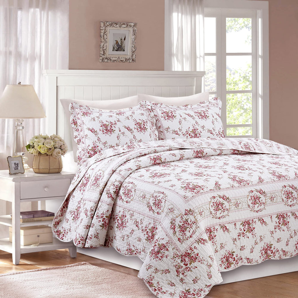 Line Home Fashions 100% Cotton Quilt Bedding Set, Pink Floral Reversible Coverlet Bedspread (Vintage Rose - 3
