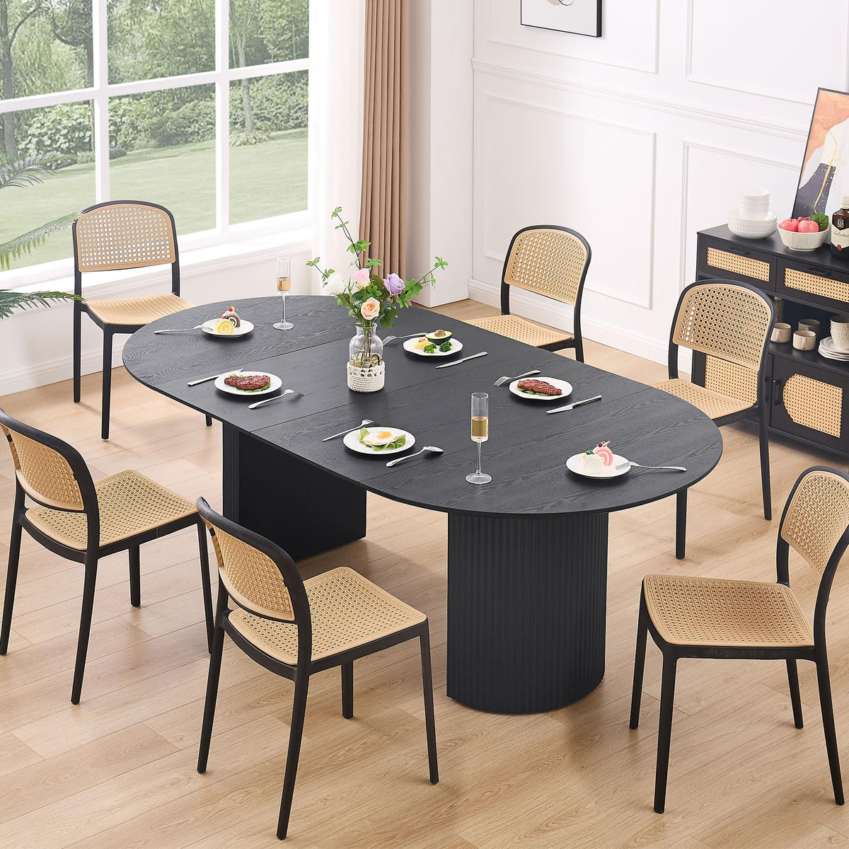 47.24 Dining Table, Expandable Dining Table for 4 6 8 12 Person, Black Round Dinner Tables Mid-Century Modern Table