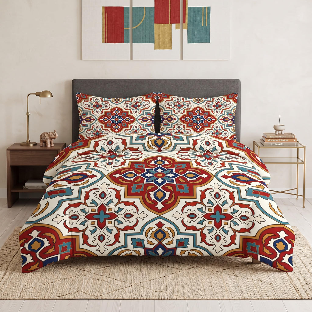 King Comforter Set, 3 Pieces Moroccan Boho Bedding, All Season